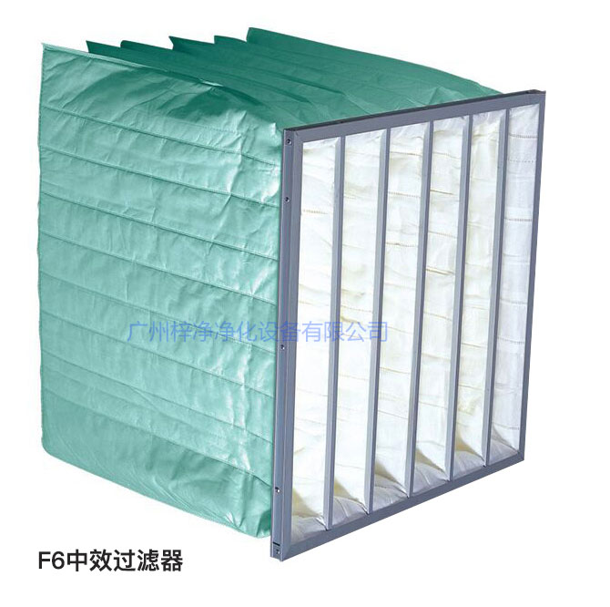 F6級袋式中效過濾器過濾效率為60-65%,常用于凈化空調中級過濾。